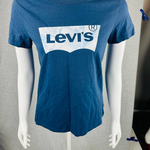 New Levi's Juniors XS T-Shirt Striped Blue Logo Stretch Retro Short Sleeve NWT - Picture 4 of 7